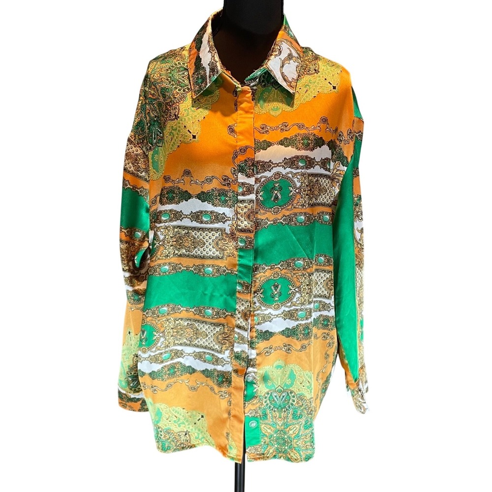 Missguided Green Orange Baroque Chain Print Satin Button Down Blouse US 4 90s‎